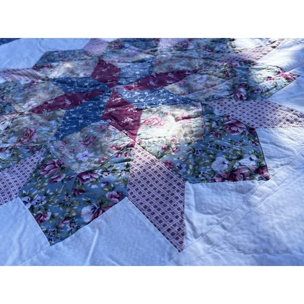 Vintage Cottage Floral Patchwork Quilted Pillow Shams Pair Blue Pink Zip Closure